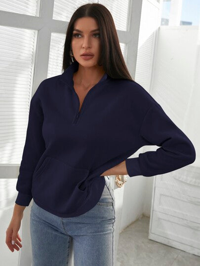 Navy Kangaroo Pocket Half Placket Sweatshirt