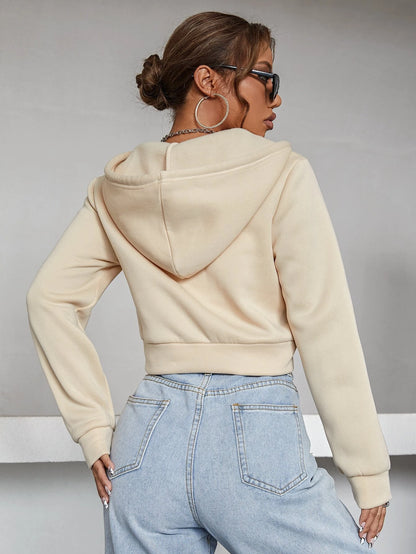 Camel Zipper Crop Plain Hoodie