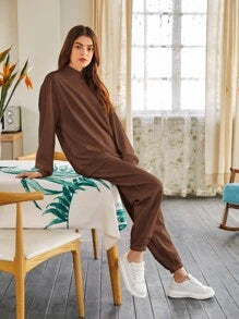 Coffee Brown Drop Shoulder Mock-neck Pullover & Sweatpants Set