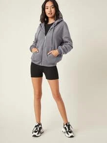 Grey Women's Plain Zipper Hoodie