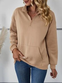 Camel Kangaroo Pocket Half Placket Sweatshirt