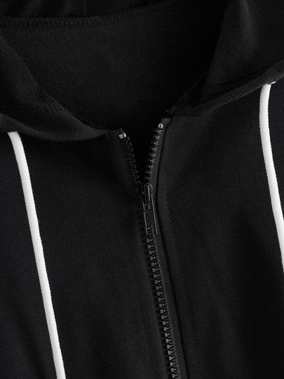 Black Full Zipper Stripe Hoodie