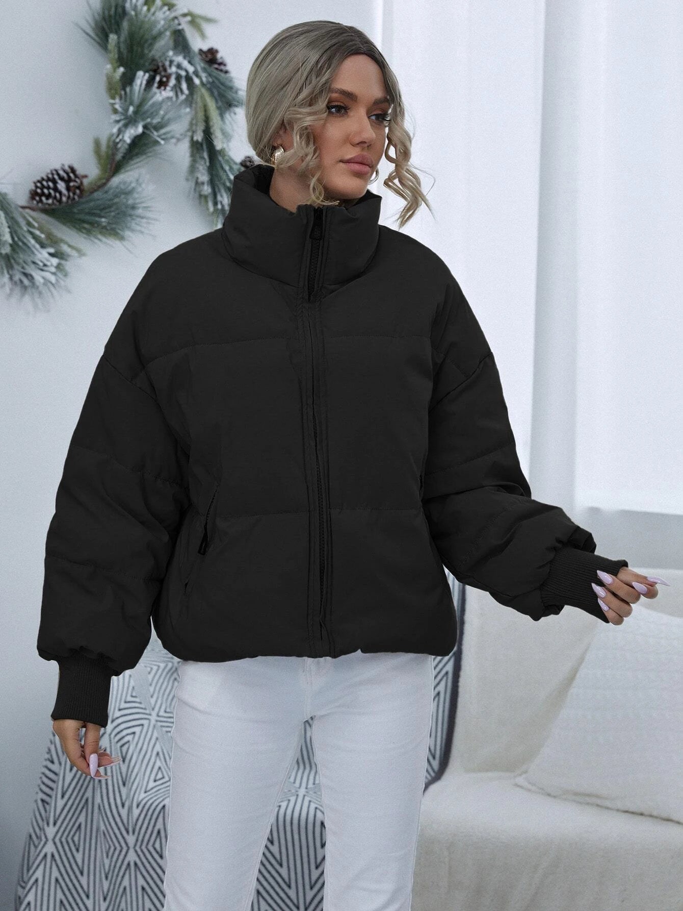 Women's Black Thermal Oversized Puffer Jacket