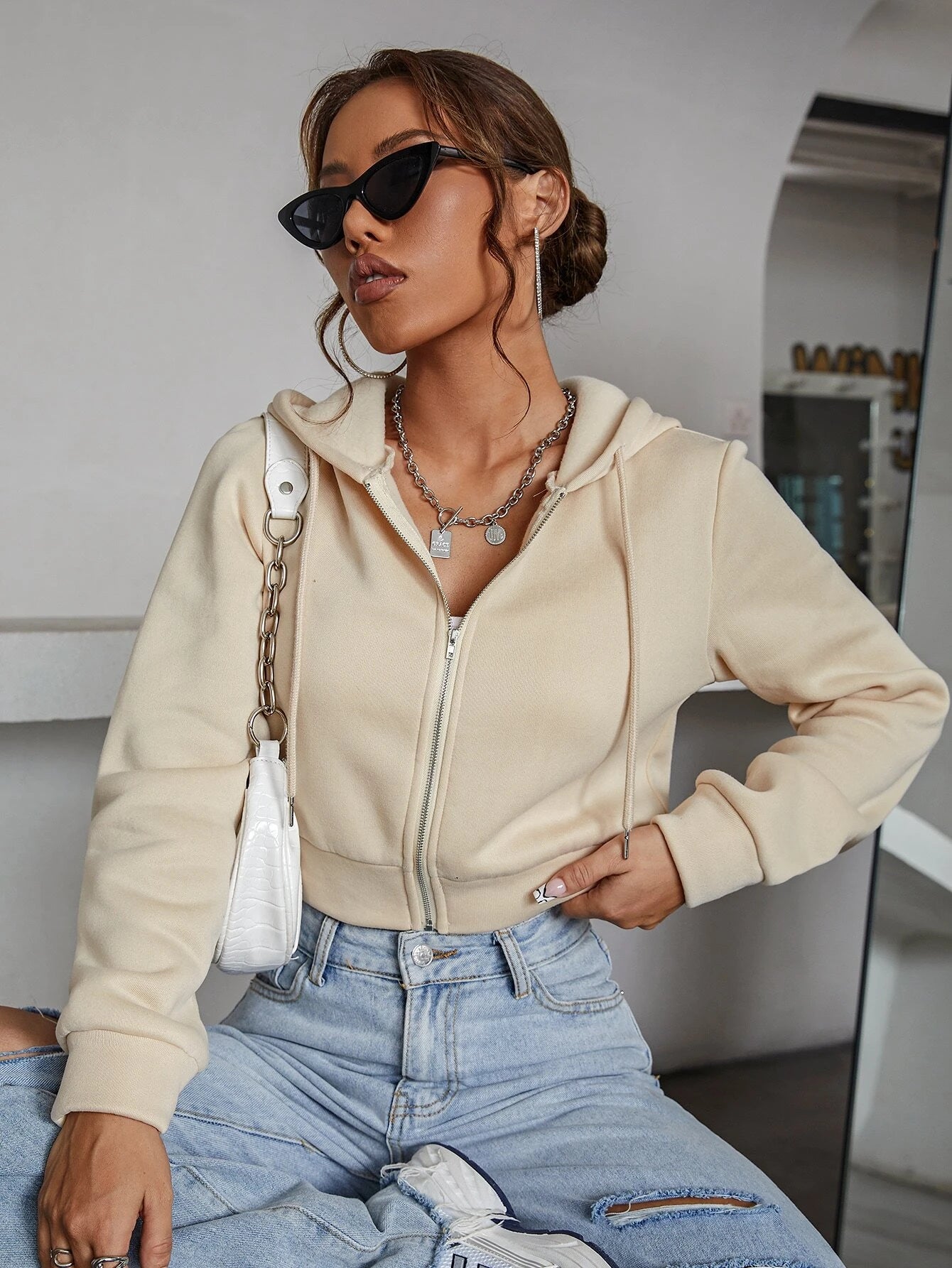 Camel Zipper Crop Plain Hoodie