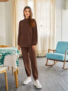 Coffee Brown Drop Shoulder Mock-neck Pullover & Sweatpants Set