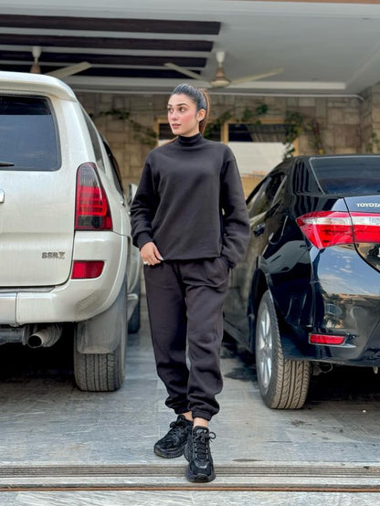 Black Drop Shoulder Mock-neck Pullover & Sweatpants Set