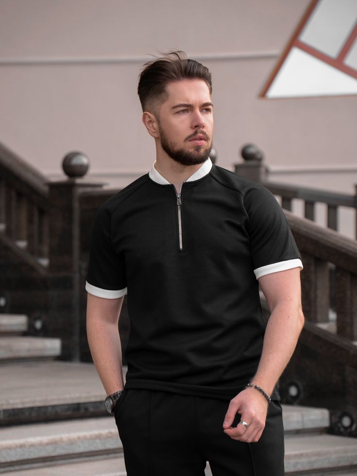 Black Contrast Zipper Polo