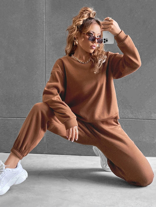 Coffee Brown Solid Drop Shoulder Sweatshirt & Sweatpants
