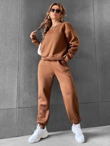 Coffee Brown Solid Drop Shoulder Sweatshirt & Sweatpants