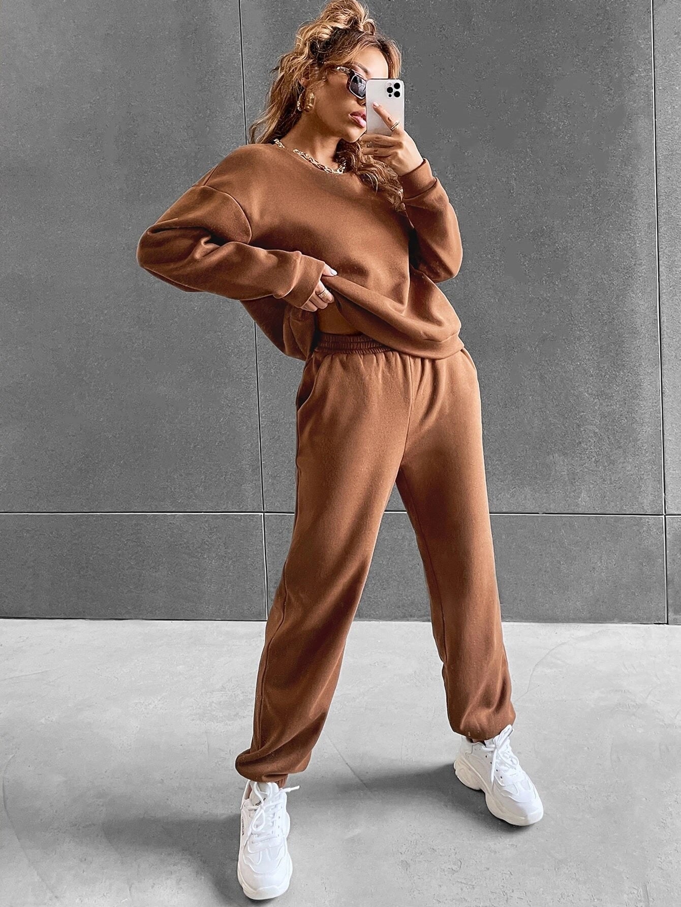 Coffee Brown Solid Drop Shoulder Sweatshirt & Sweatpants