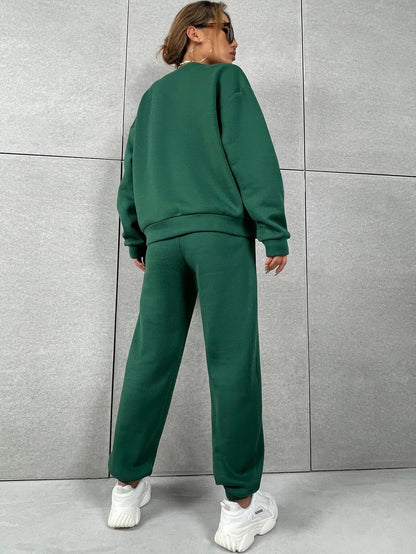 Dark Green Solid Drop Shoulder Sweatshirt & Sweatpants