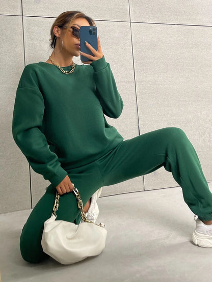 Dark Green Solid Drop Shoulder Sweatshirt & Sweatpants