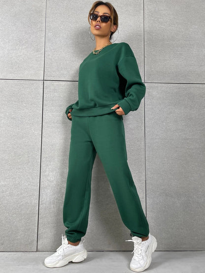 Dark Green Solid Drop Shoulder Sweatshirt & Sweatpants