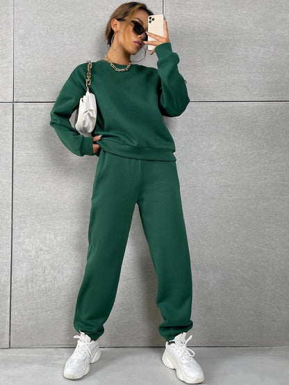 Dark Green Solid Drop Shoulder Sweatshirt & Sweatpants