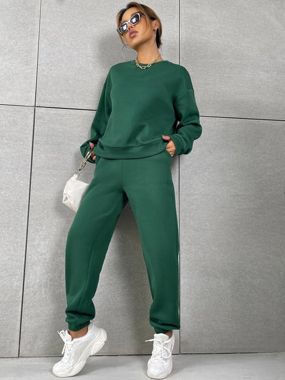 Dark Green Solid Drop Shoulder Sweatshirt & Sweatpants