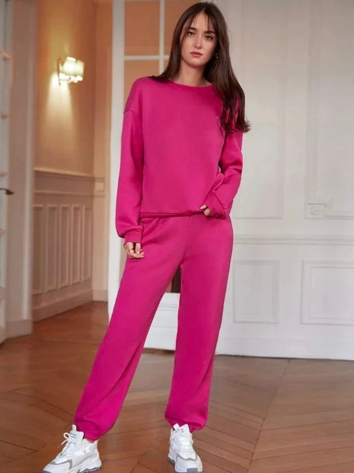 Hot Pink Solid Drop Shoulder Sweatshirt & Sweatpants