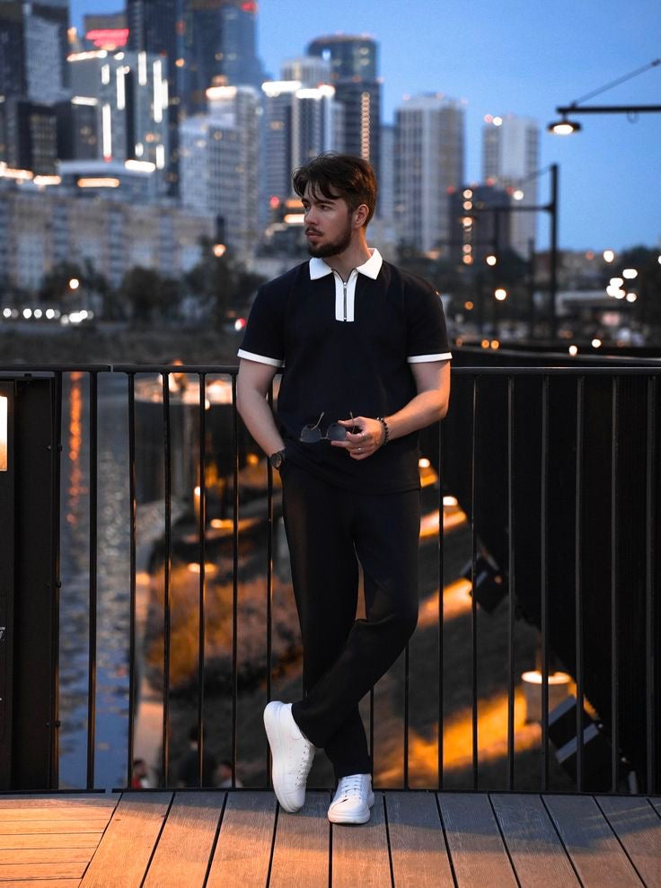Black Contrast Collar Polo & Trousers