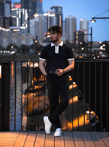 Black Contrast Collar Polo & Trousers