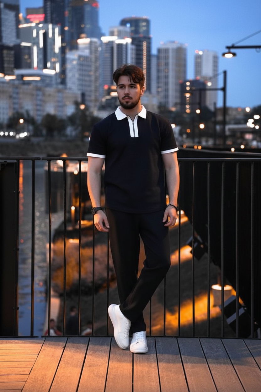 Black Contrast Collar Polo & Trousers