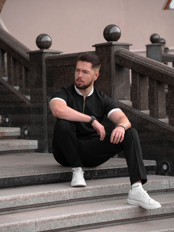 Black Contrast Zipper Polo