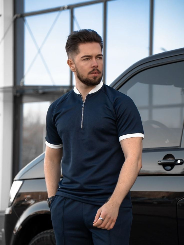 Navy Contrast Zipper Polo