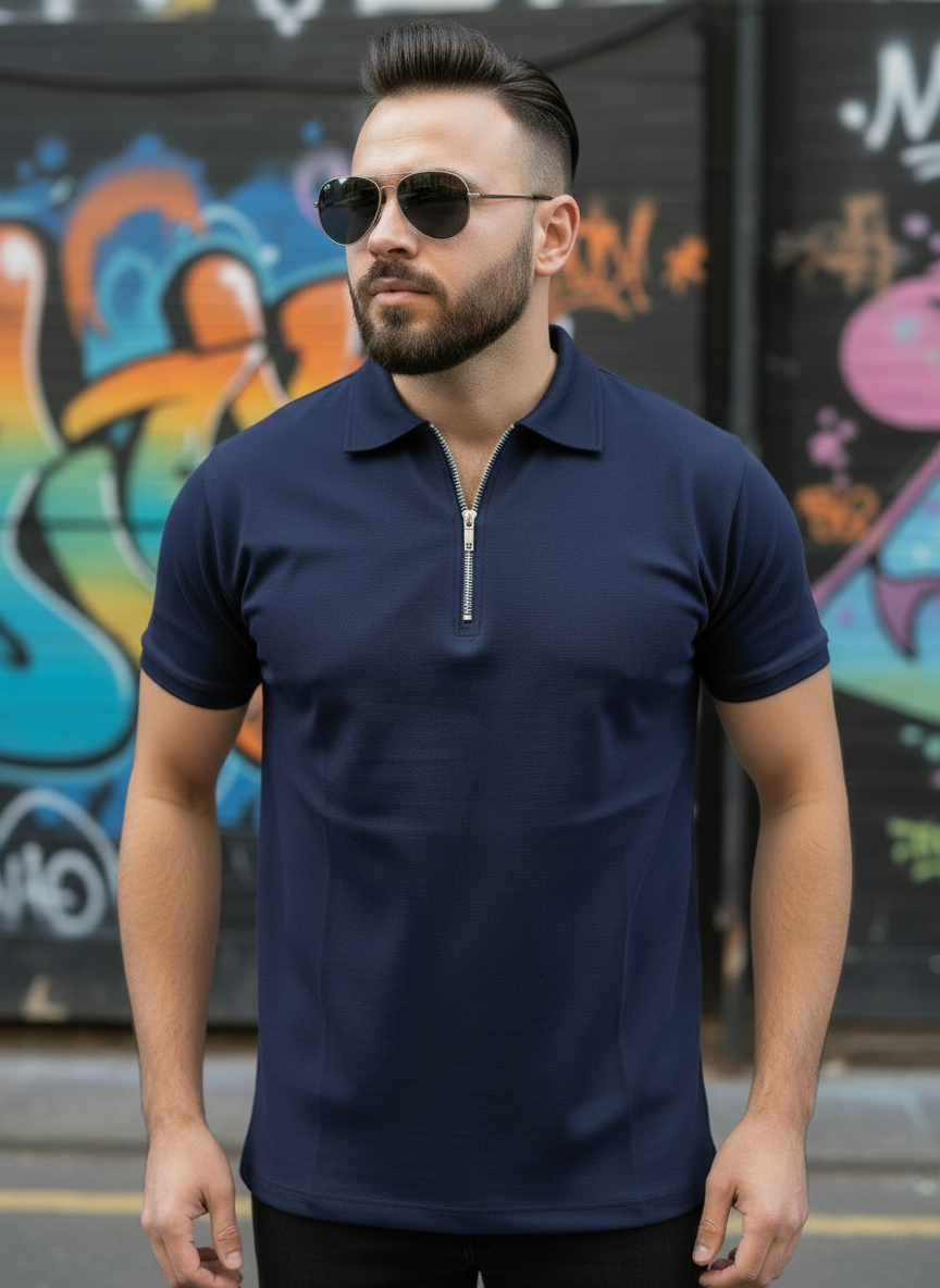 Navy Zipper Polo Shirt