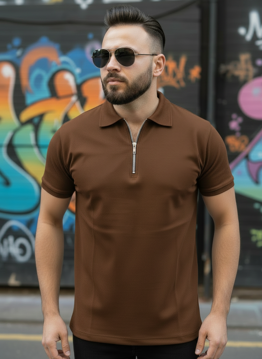 Coffee Brown Zipper Polo Shirt