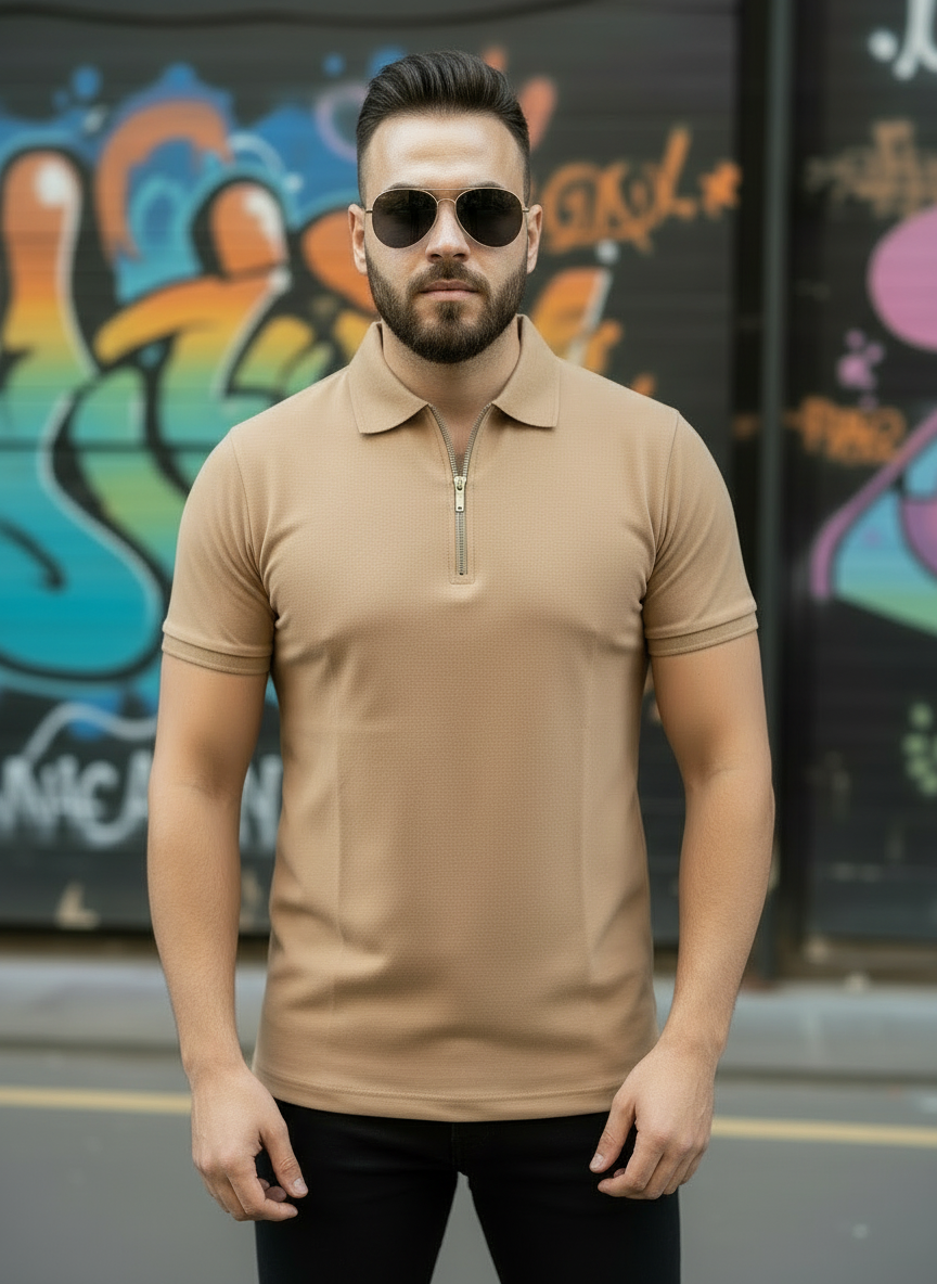 Camel Zipper Polo Shirt