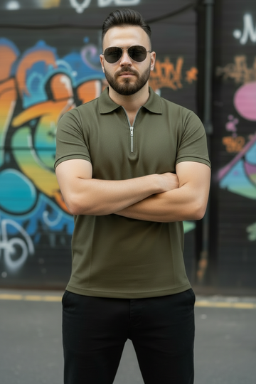 Olive Zipper Polo Shirt