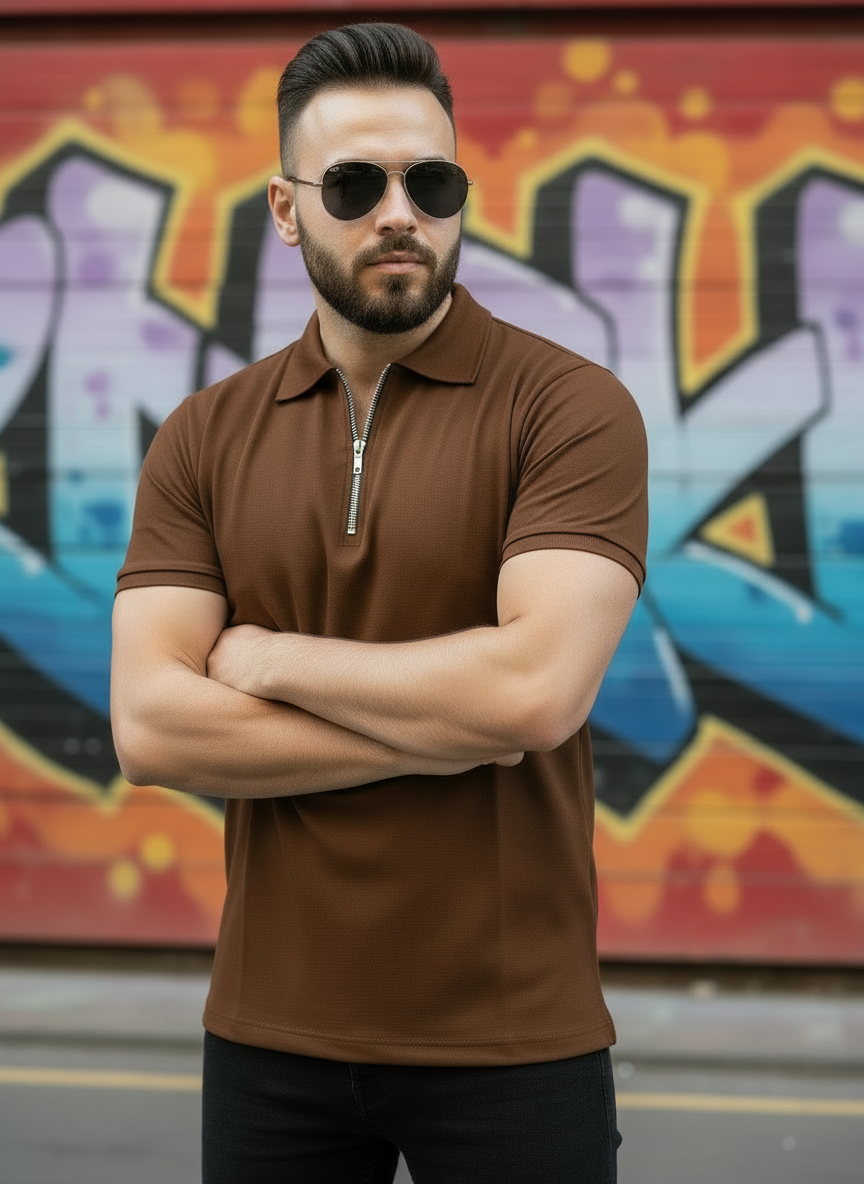 Coffee Brown Zipper Polo Shirt