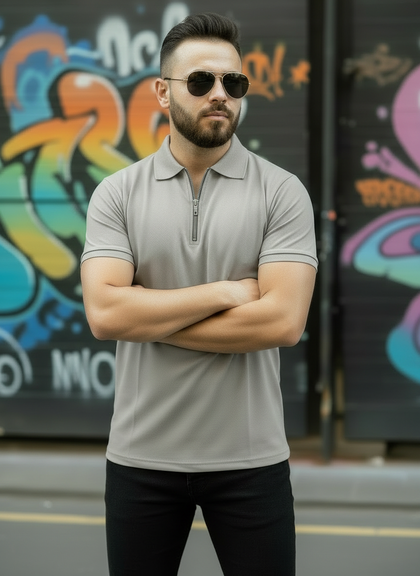 Light Grey Zipper Polo Shirt