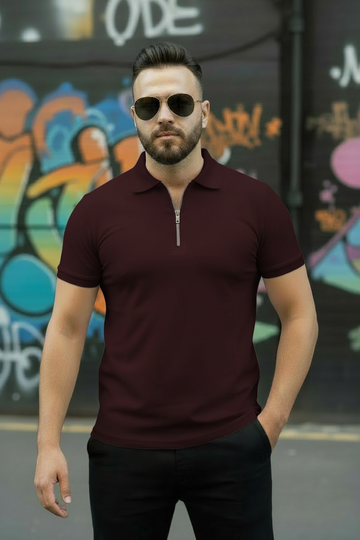 Burgundy Zipper Polo Shirt