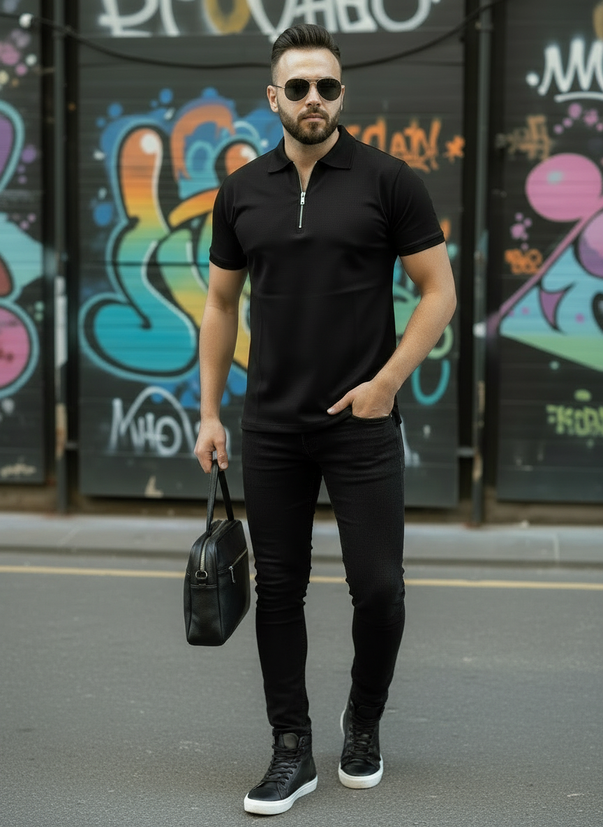 Black Zipper Polo Shirt
