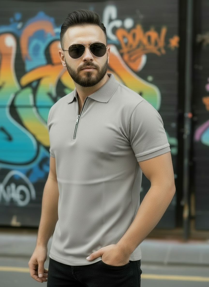 Light Grey Zipper Polo Shirt