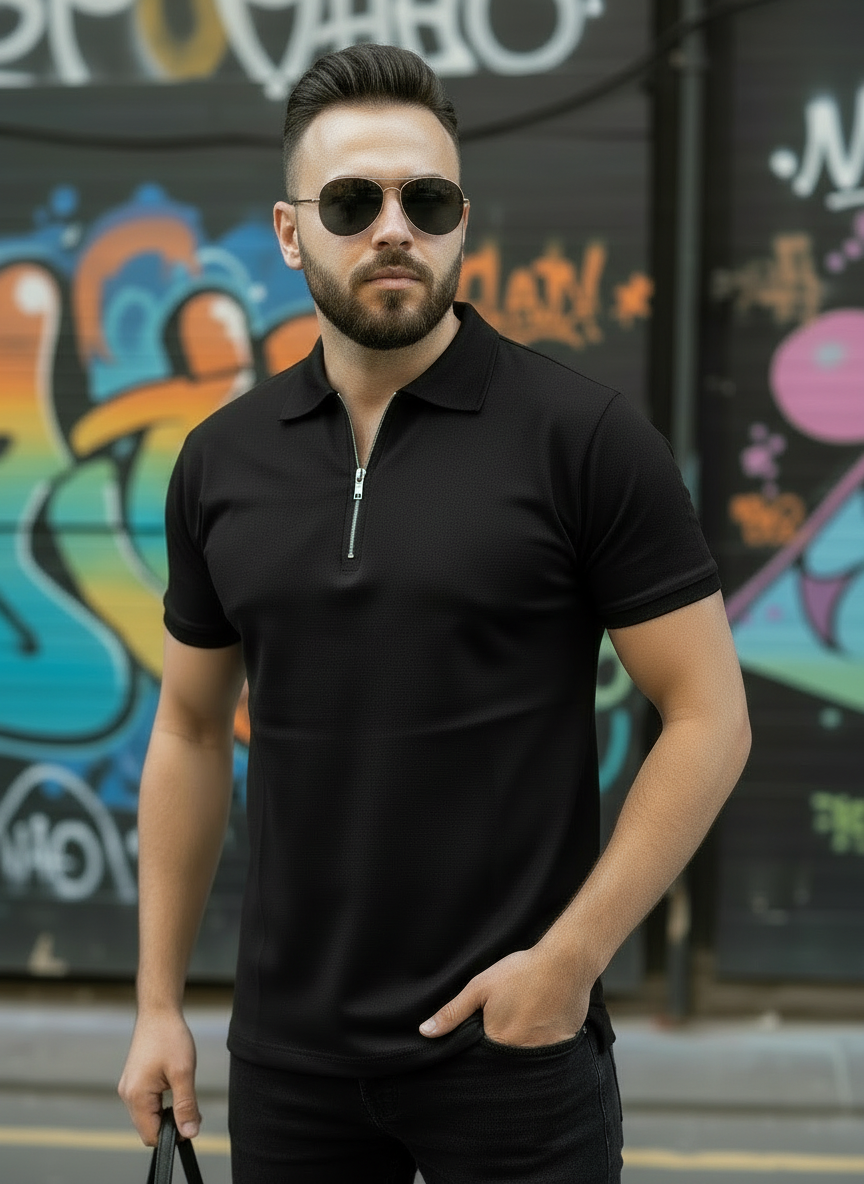 Black Zipper Polo Shirt