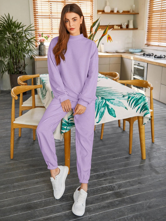 Lilac Drop Shoulder Mock-neck Pullover & Sweatpants Set