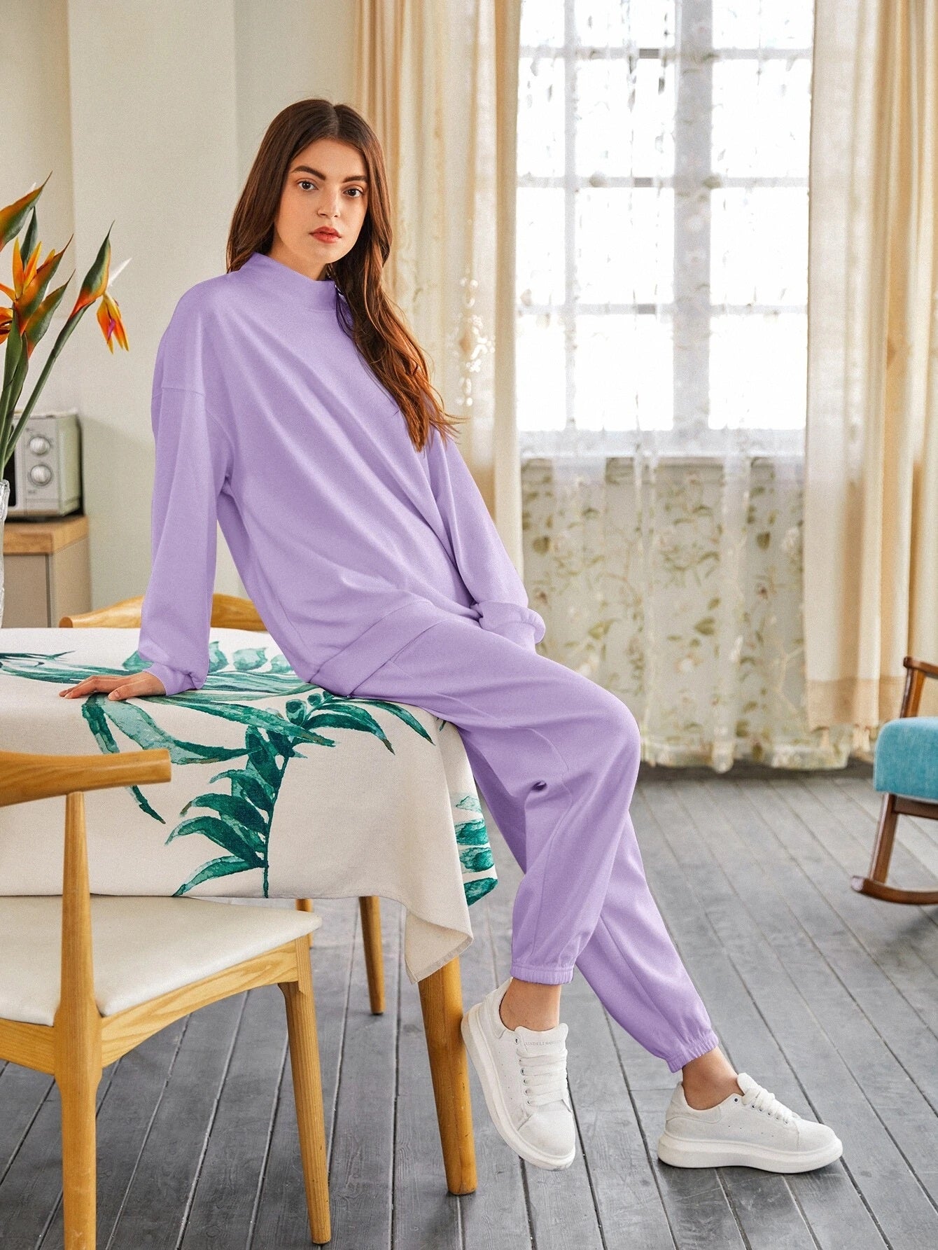 Lilac Drop Shoulder Mock-neck Pullover & Sweatpants Set