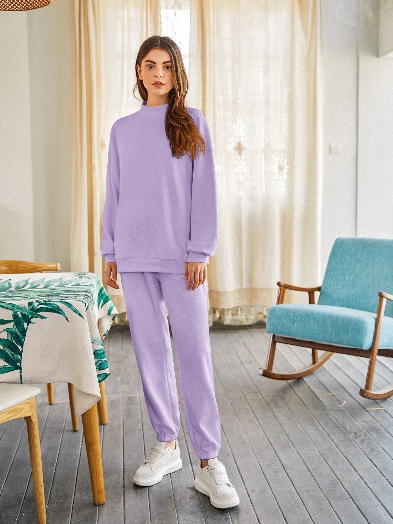 Lilac Drop Shoulder Mock-neck Pullover & Sweatpants Set