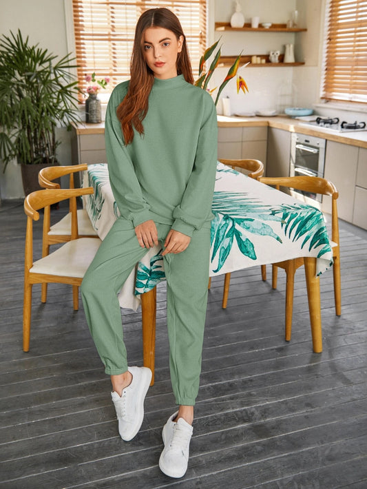 Mint Green Drop Shoulder Mock-neck Pullover & Sweatpants Set