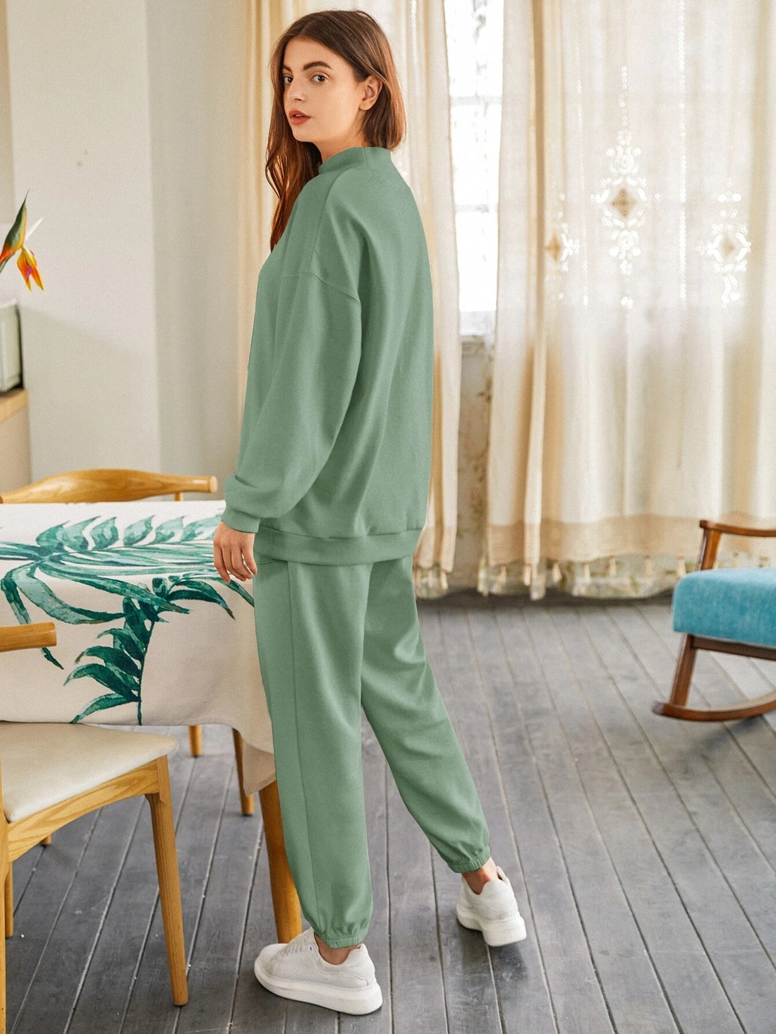 Mint Green Drop Shoulder Mock-neck Pullover & Sweatpants Set