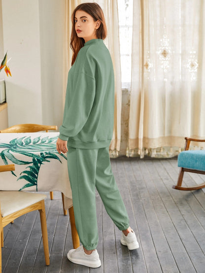 Mint Green Drop Shoulder Mock-neck Pullover & Sweatpants Set