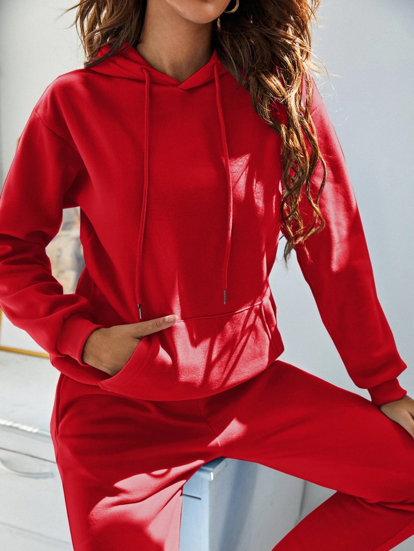 Red Drop Shoulder Thermal Lined Hoodie & Sweatpants