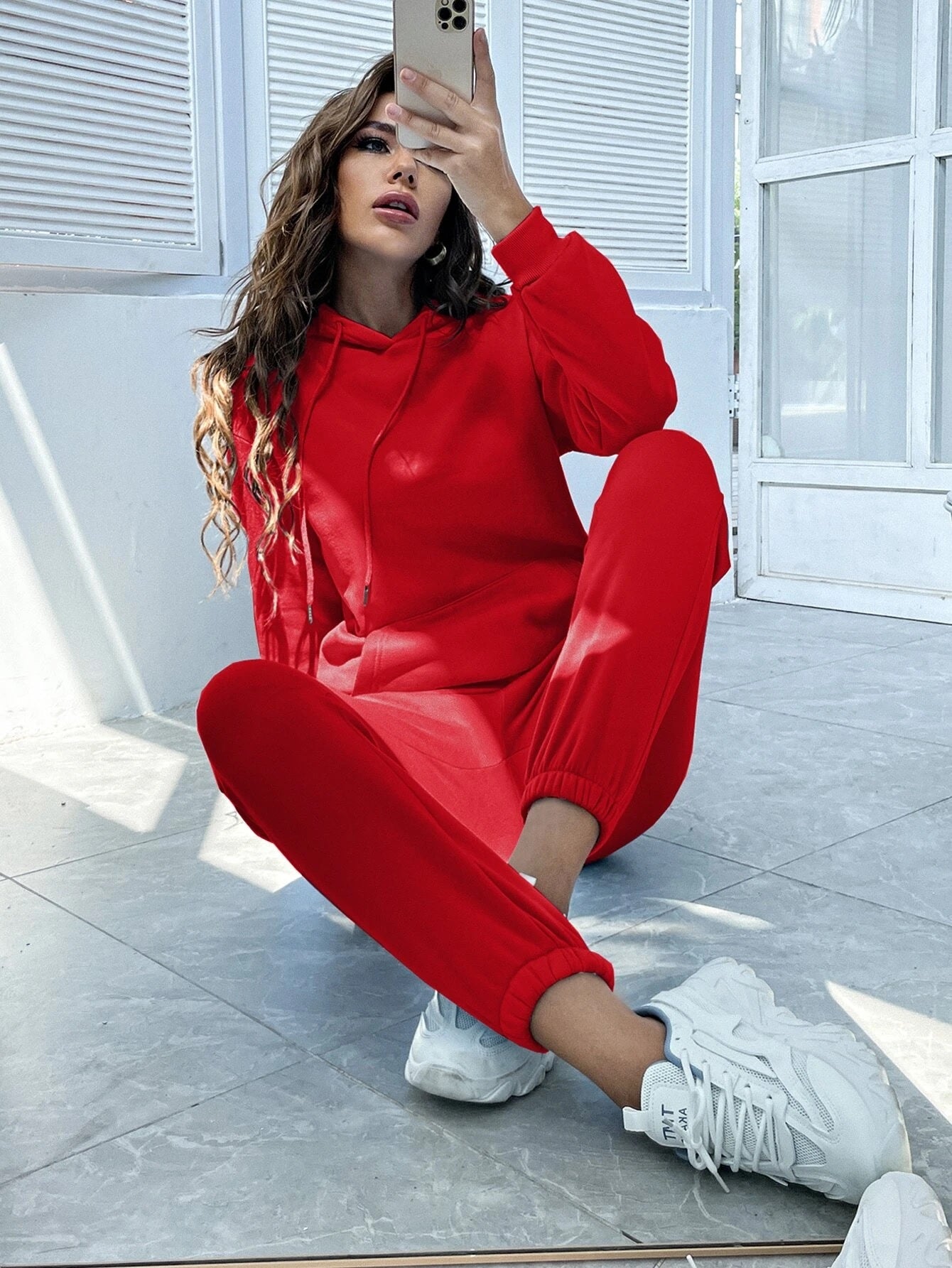 Red Drop Shoulder Thermal Lined Hoodie & Sweatpants