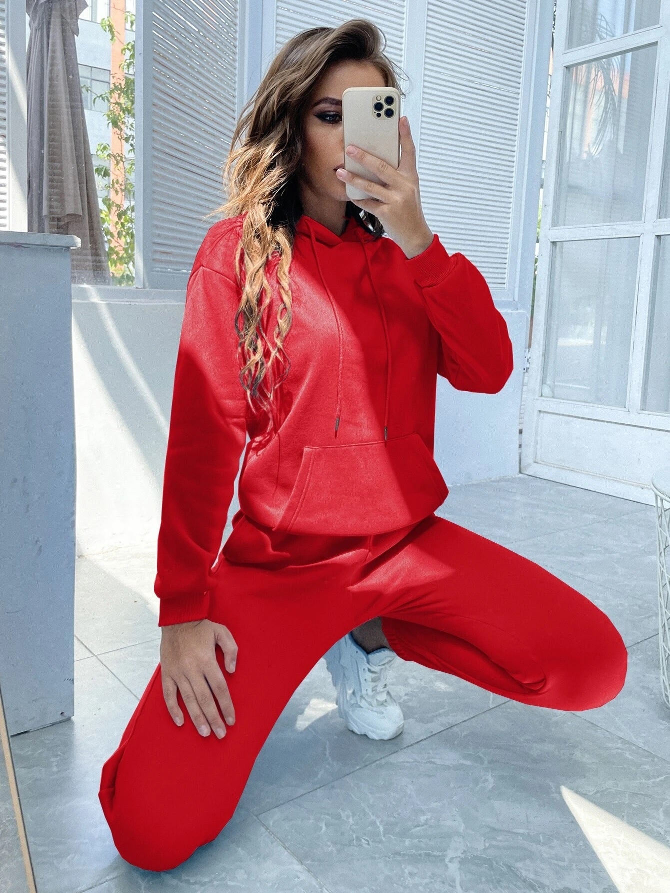 Red Drop Shoulder Thermal Lined Hoodie & Sweatpants