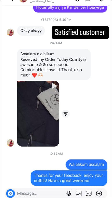 Text conversation with a satisfied customer feedback on a product, displayed on a smartphone screen.