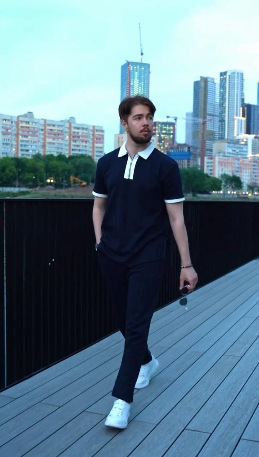 Navy Contrast Collar Polo & Trousers