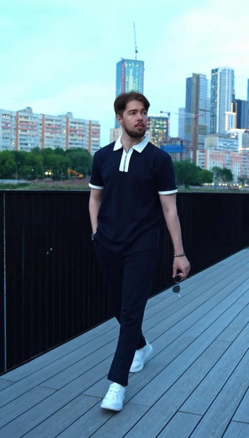 Navy Contrast Collar Polo & Trousers
