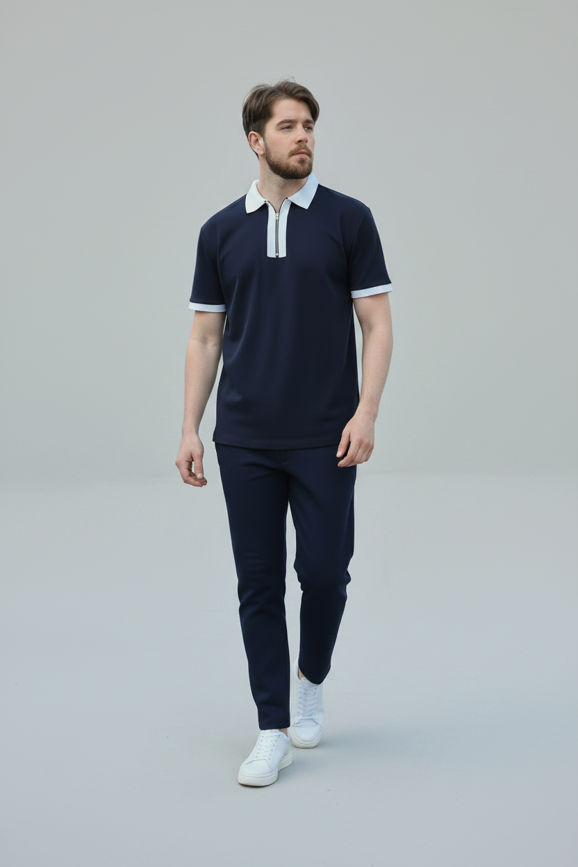 Navy Contrast Collar Polo & Trousers