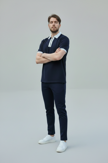 Navy Contrast Collar Polo & Trousers