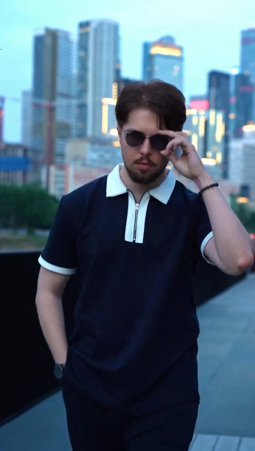 Navy Contrast Collar Polo & Trousers